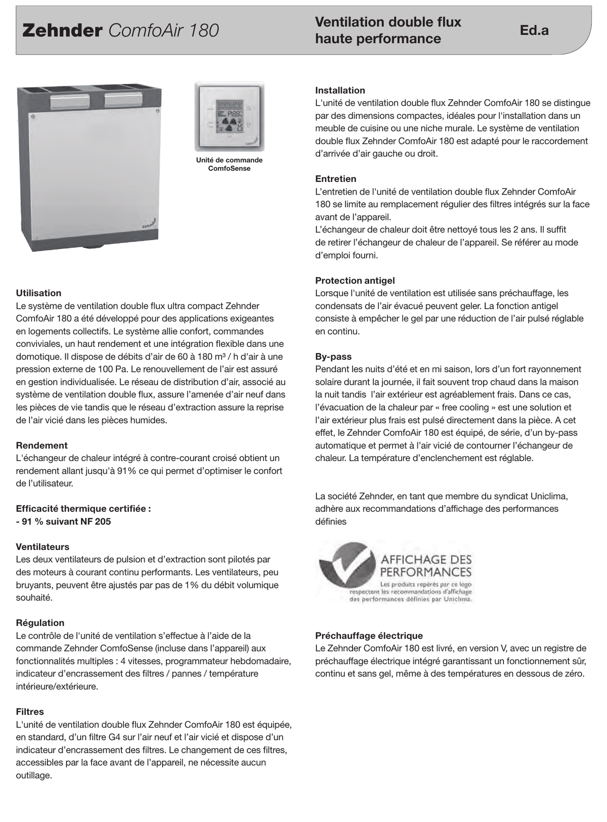 Presentation de la Zehnder ComfoAir 180