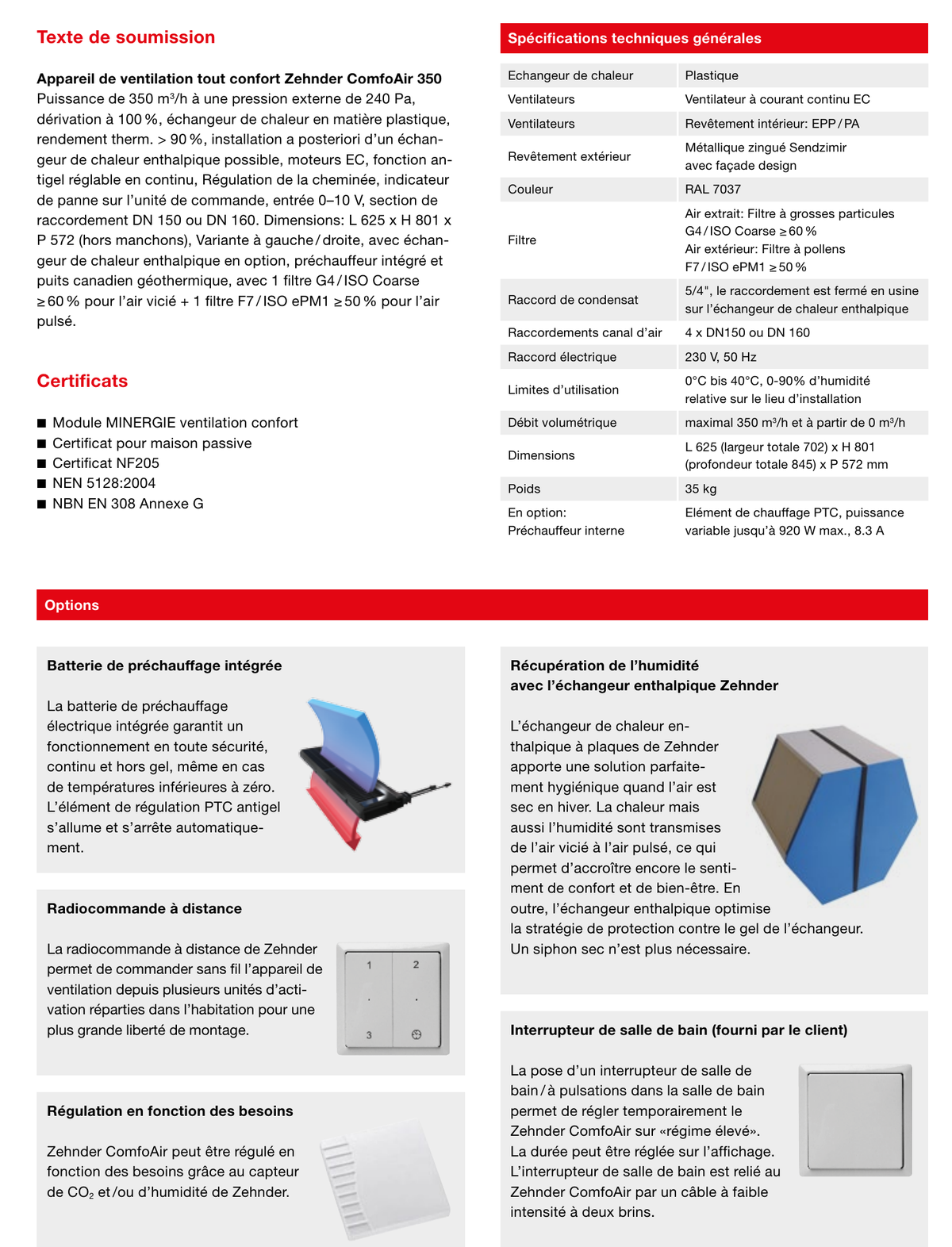 Caracteristiques techniques Zehnder ComfoAir 350
