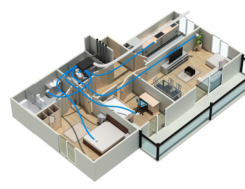 Maison en coupe : centrale GENIUS en placard technique, insufflation vers les chambres et le séjour, extraction depuis la cuisine et la salle de bains