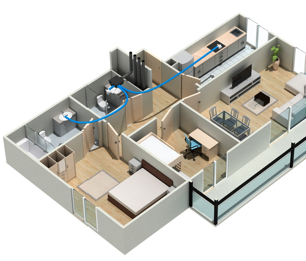 Maison en coupe : caisson JET SLIM AC en placard technique et conduits EkkoFlex vers la cuisine et la salle de bains