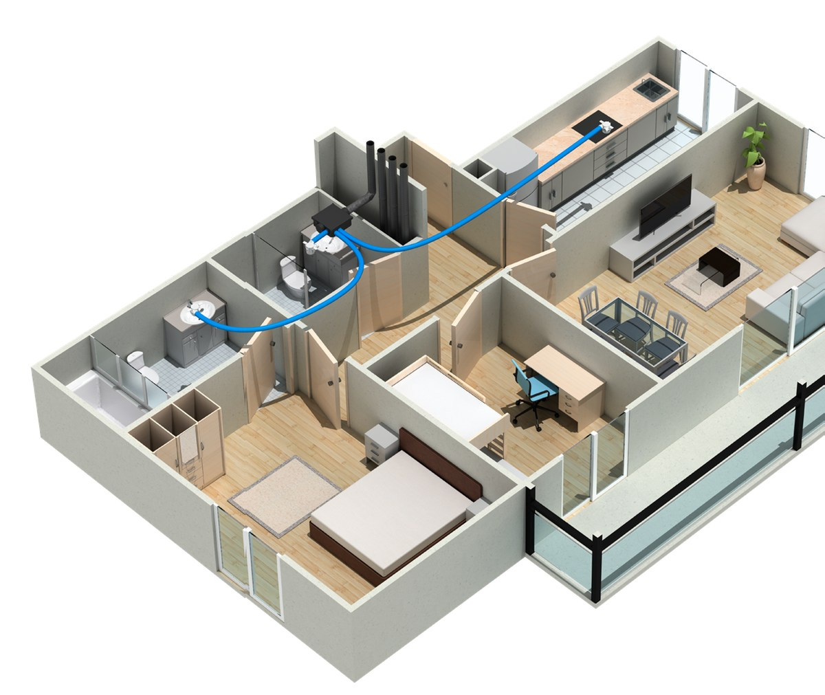 Maison en coupe : caisson JET SLIM EC en placard technique et conduits EkkoFlex vers la cuisine et la salle de bains