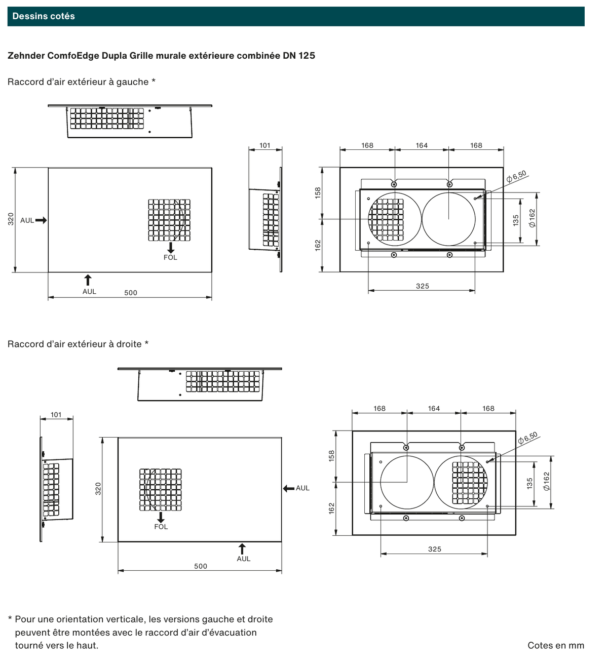 Dessins cotes de la grille murale combinee ComfoEdge Dupla DN 125