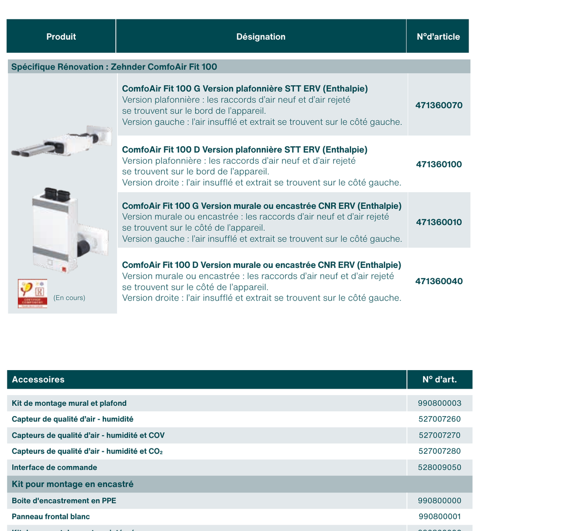 References articles et accessoires ComfoAir Fit 100