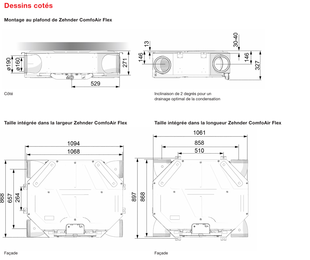 Dessins cotés de la Zehnder ComfoAir Flex 350