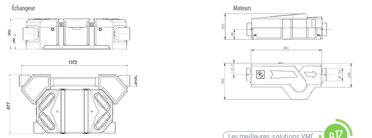 Dimensions de l'&eacute;changeur et des moteurs FLEXEO 210 en mm