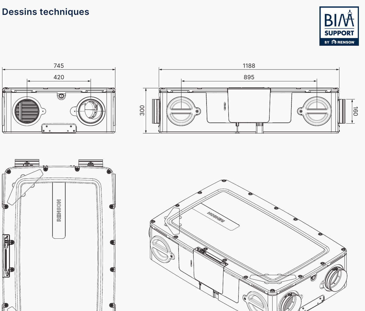 Dessins techniques et dimensions du Renson Flux plus Flat