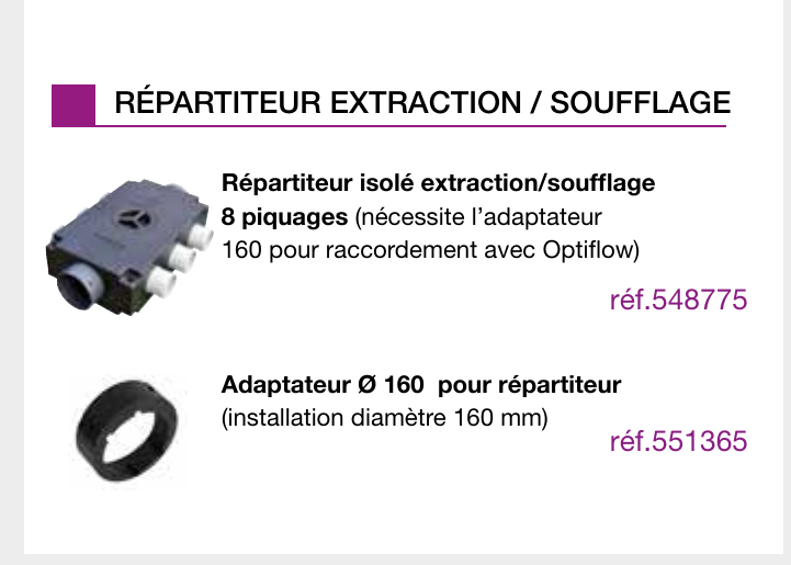 Répartiteur isolé extraction / soufflage 8 piquages et adaptateur Ø 160 pour raccordement sur OPTIMÉA