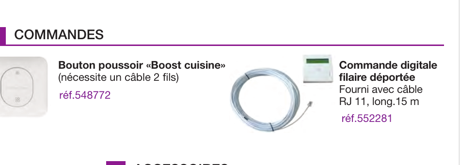 Commandes de la NATHER ULTIMO : bouton poussoir Boost cuisine et commande digitale filaire déportée
