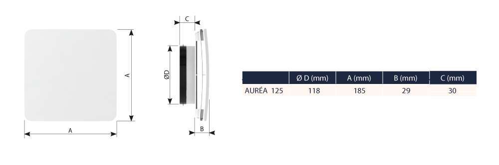 Dimension bouches extraction insufflation auréa D125 mm