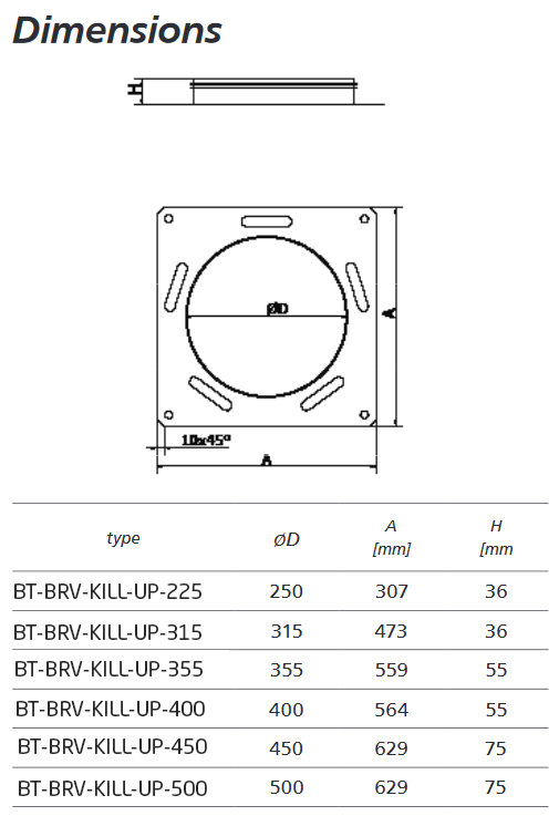 raccord kill up dimensions