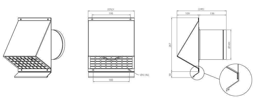 dimension Grille pour passage en façade 230x267 ø150 avec profil de drainage