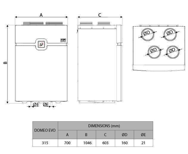 dimensions domeo evo 315 s&p unelvent