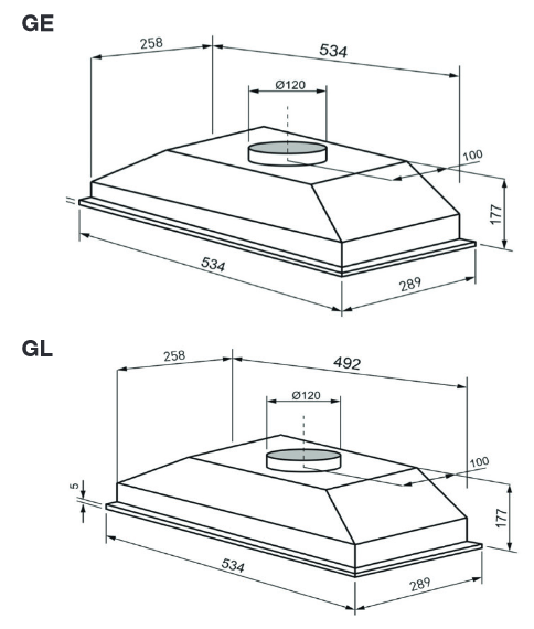 hotte ge gl unelvent dimensions