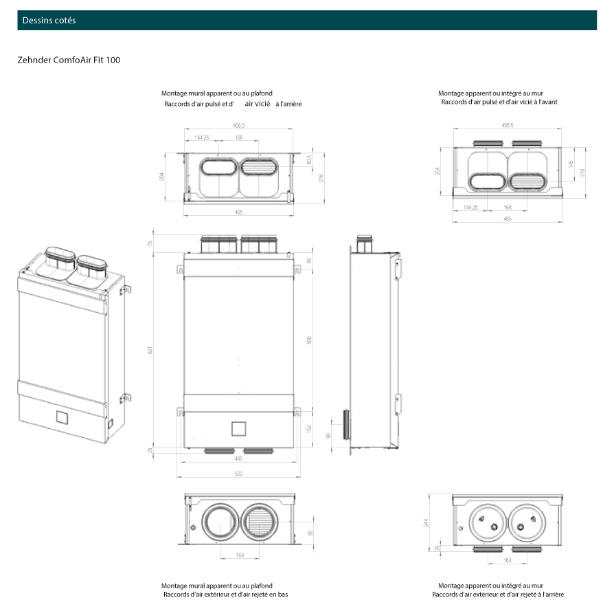 dimensions vmc double flux comfoair 100 zehnder